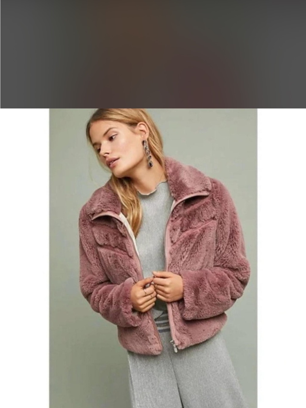 Anthropologie Women's Faux Fur Zip-Front Jacket in Mauve Pink